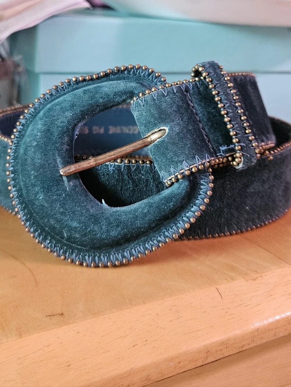 Vintage Belt Teal Velvet Leather Suede Beaded Large Round Buckle Sostanza